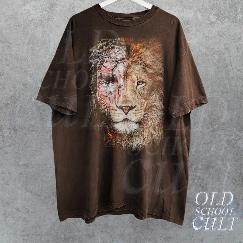 Jesus X Lion Vintage 90s Graphic Shirt, Christian Shirt, Easter Shirt, Christian Easter Shirt Cotton Menswear