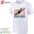 Jesus diving catching soccer ball Jesus saves shirt