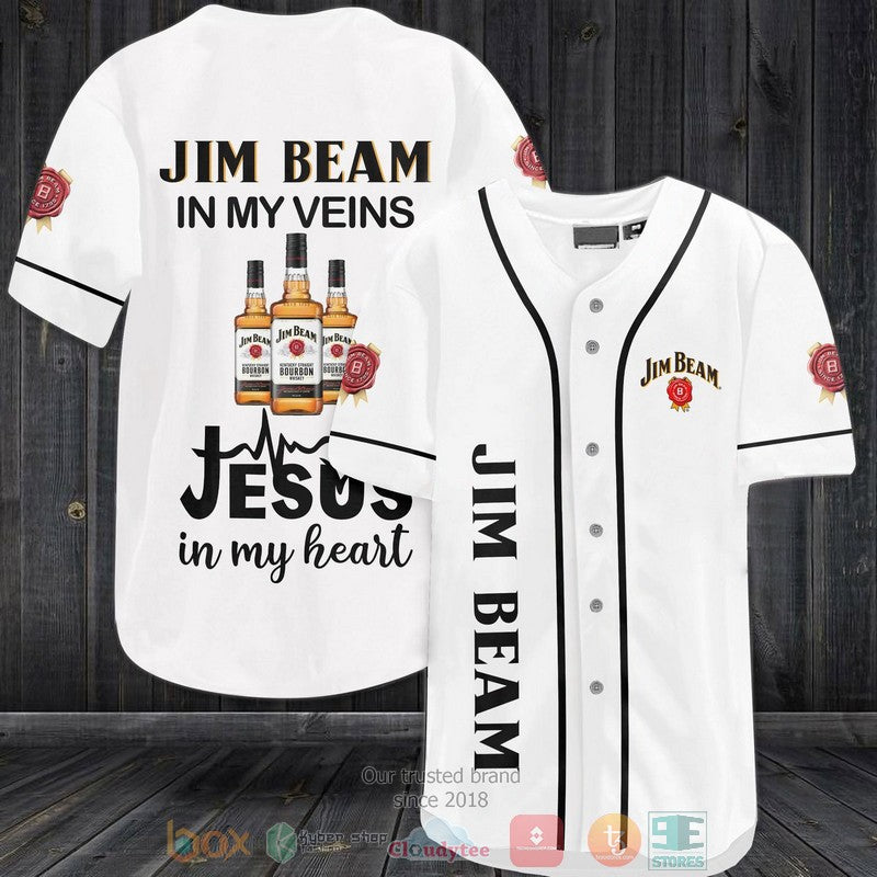Jim Beam in my veins Jesus in my heart white Baseball shirt