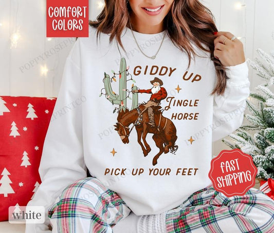 Jingle Horse Christmas Comfort Colors Sweatshirt, Country Christmas Sweater, Cowboy Holiday Crewneck