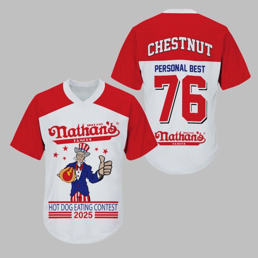 Joey Chestnut Personal Best Nathan Hot Dog Eating Contest 2025 Jersey - Grishko.com T-Shirts, Hoodie, Sweatshirt (Image 1)