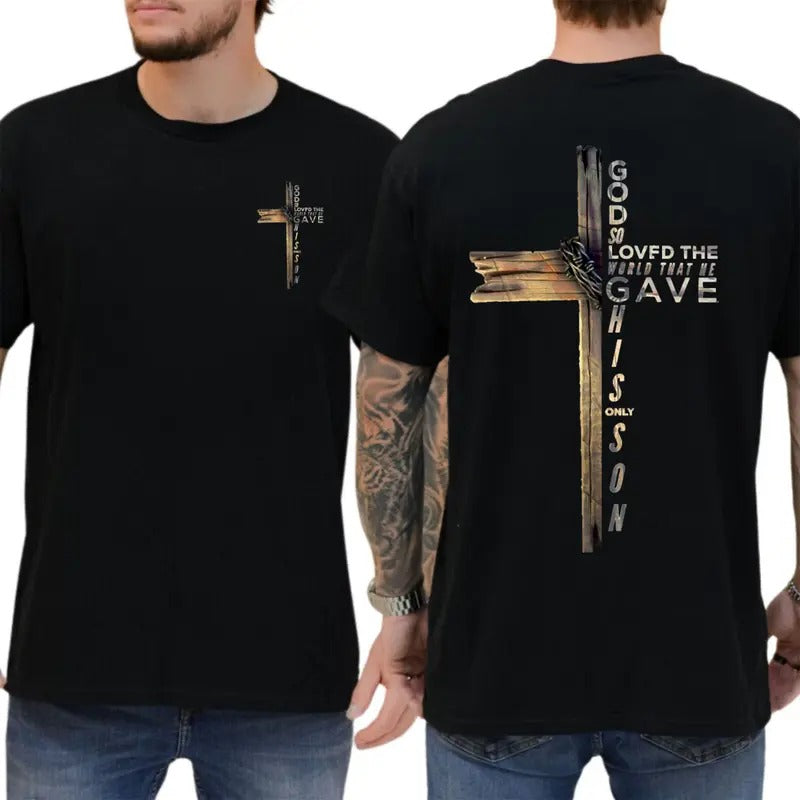John 3:16 Cross T-Shirt - Bold Christian Design Featuring Rustic Wooden Cross and Scripture, Perfect for Faithful Believers, Menswear Tops Tshirt Streetwear