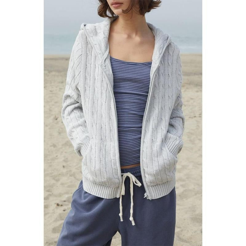 John Galt Women's Silver Cable Knit Zip Up Sweater Hoodie T-Shirts, Sweatshirt | WearSparks.com