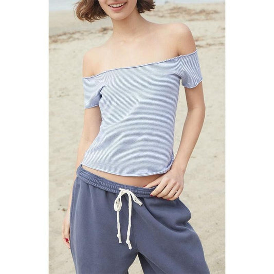 John Galt Women's White & Light Blue Striped Bonnie Off-The-Shoulder Top