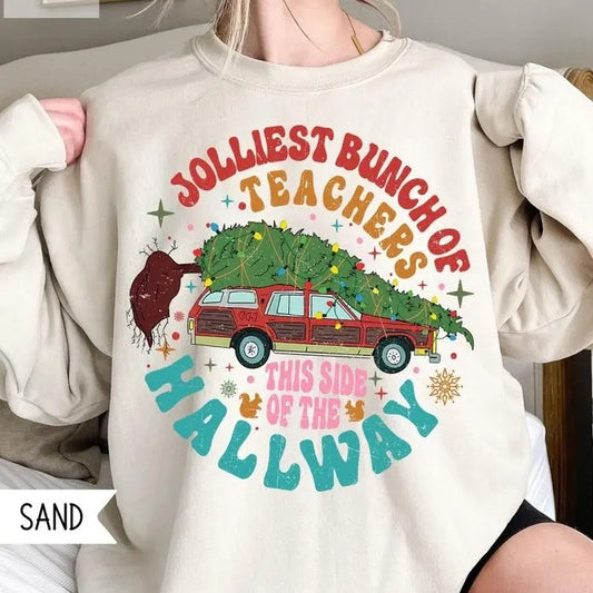 Jolliest Bunch Of Teachers This Side Of The Hallway Sweatshirt, Purple Van Shirt, Teacher Christmas Shirt, Holiday Teacher Gifts, Unisex Shirt