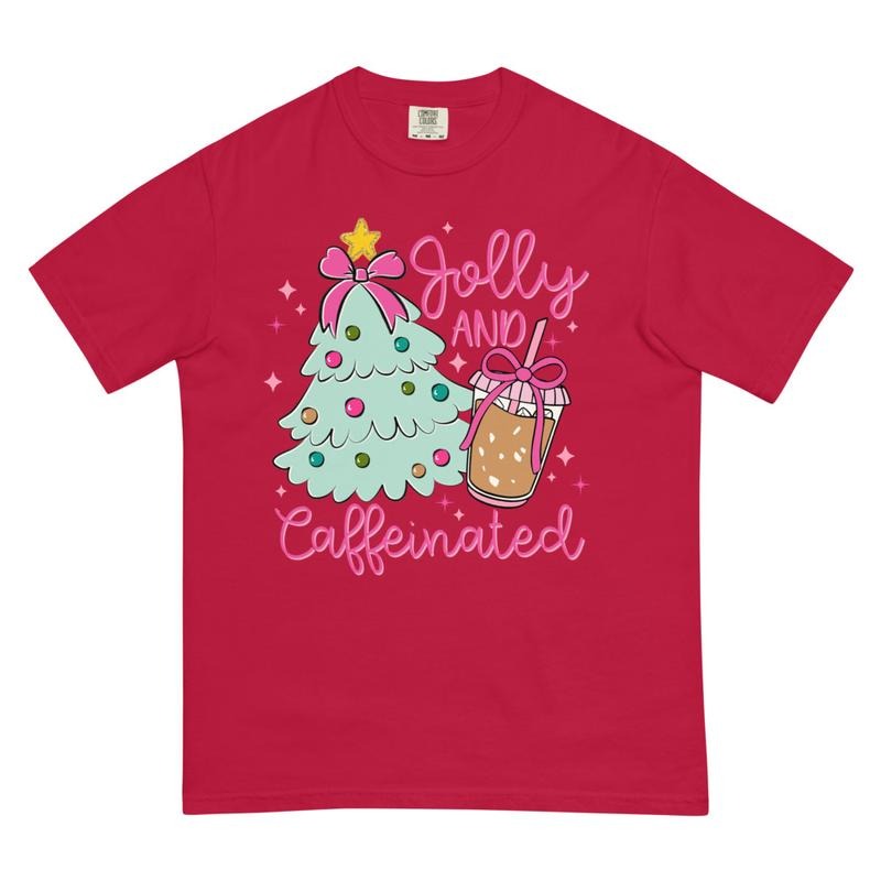 Jolly and Caffeinated Christmas Shirt - Comfort Colors Unisex Apparel Relaxed Fit Printed In The USA Clothing Womenswear Casual Comfort Cotton Top Athletic Boho Chic