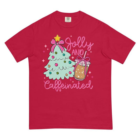 Jolly and Caffeinated Christmas Shirt - Comfort Colors Unisex Apparel Relaxed Fit Printed In The USA Clothing Womenswear Casual Comfort Cotton Top Athletic Boho Chic
