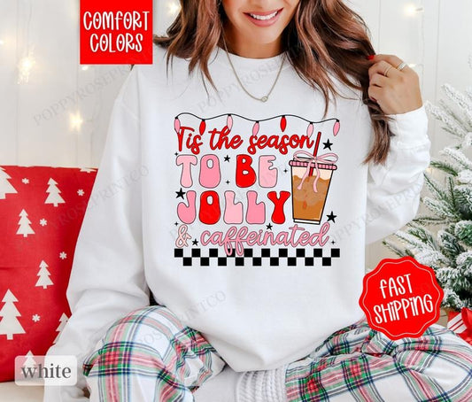 Jolly and Caffeinated Sweatshirt Comfort Colors, Women's Funny Christmas Crewneck, Coffee Lover Gift - Cotton, Fabric