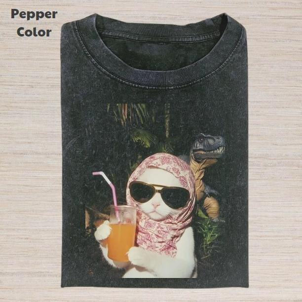 Just A Chill Girl Vintage Graphic Tee, Cat And Dinosaur T-Shirt, Unisex Meme Cringe Funny Dumb Shirt, Menswear Womenswear Streetwear