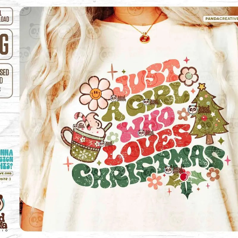 Just A Girl Who Loves Christmas Png Vintage Christmas Shirt Sublimation Dtf Transfer Design Floral Holiday Season Png Digital Download