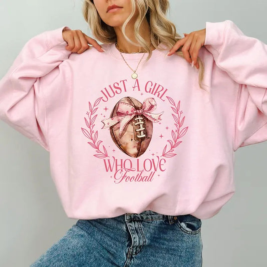 Just A Girl Who Loves Football Sweatshirt, Girly Coquette Bow Crewneck, Cute Football Crewneck for Girls, Fall Sports Sweater For Women, Game Day Tops for Women, Touchdown Season Sweatshirt, Comfy Long Sleeve Pullover, Women's Tops, Casual Womenswear