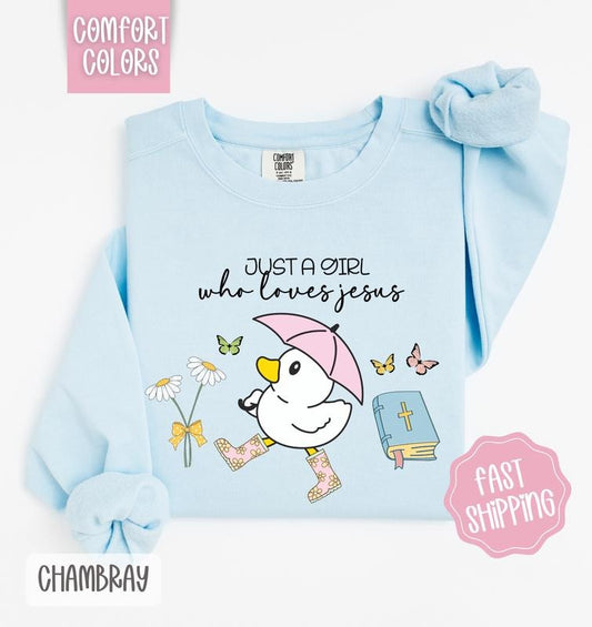 Just A Girl Who Loves Jesus Comfort Colors Sweatshirt, Religious Sweater, Cute Women's Crewneck, Gift for Her