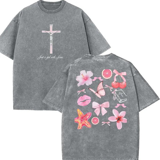 Just A Girl With Jesus Unisex Washed T-Shirt, Christian t shirts, Vintage 90s Graphic Tee, Gift Top Womenswear