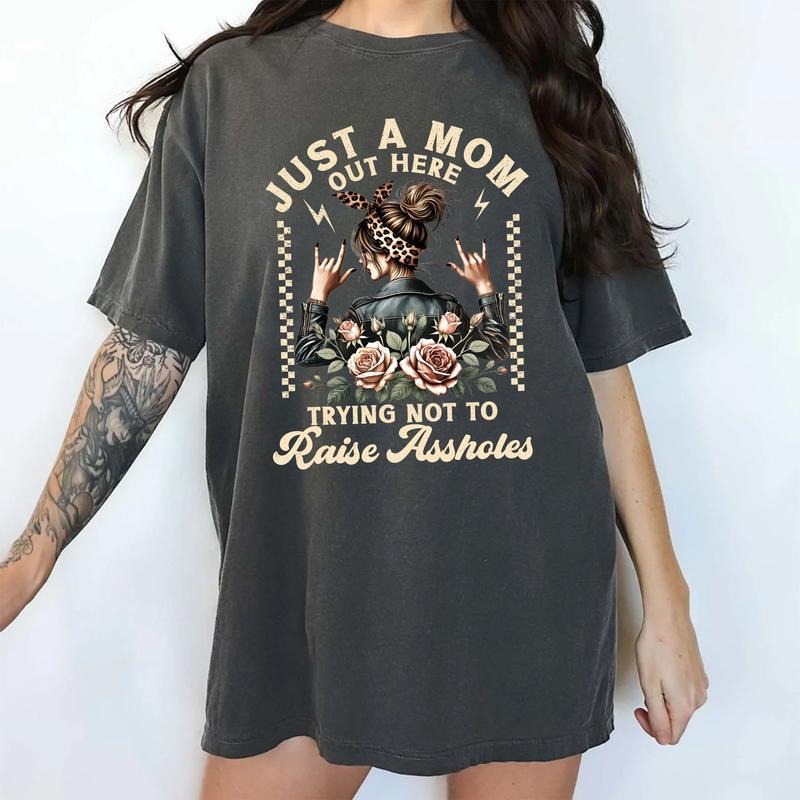 Just A Mom Out Here Comfort Colors Shirt, Motherhood T-shirt, Mom Life Outfits, Womenswear, Mother's Day, Gift For Mom, Gift For Wife Cotton Top