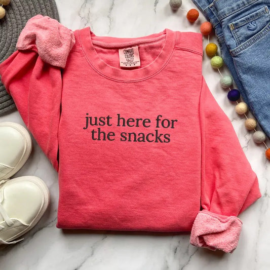 Just Here For The Snacks Embroidered Comfort Colors Sweatshirt, Here For The Snacks Sweater, Comfort Colors Sweater Embroidery, Embroidered Sweatshirt, Comfort Colors EMB