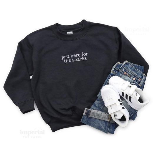 Just Here for the Snacks Embroidered Youth Sweatshirt and Kid's Comfort Colors T-Shirt, Funny Kids Crewneck, Cute Foodie Pullover, Cozy Youth Apparel, Relatable Graphic Tee, Snack Lover Shirt