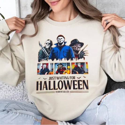 Just Waiting For Halloween Sweatshirt, Horror Shirt, Sweatshirt For Everyone Classic Cotton, Gift For Friend Comfort Womenswear