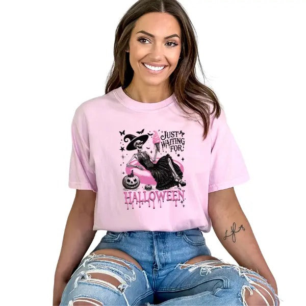 Just Waiting On Halloween Graphic T Shirt for Women, Casual Short Sleeve Skeleton Tee, Comfortable Halloween Shirt with Retro Vibe, Witch Womenswear Top, Crewneck TShirt, Fall Gothic Aesthetic, Grunge, Alternative