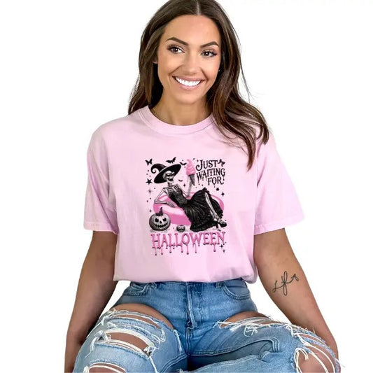 Just Waiting On Halloween Graphic T Shirt for Women, Casual Short Sleeve Skeleton Tee, Comfortable Halloween Shirt with Retro Vibe, Witch Womenswear Top, Crewneck TShirt, Fall Gothic Aesthetic, Grunge, Alternative