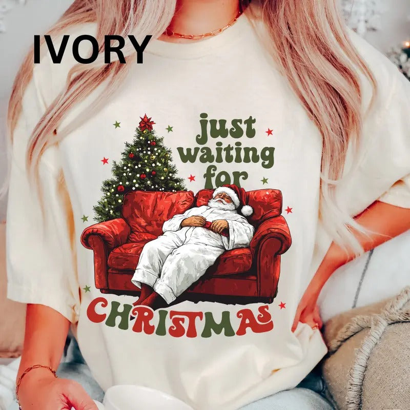 Just Waiting for Christmas Shirt~ Unisex Apparel Relaxed Fit Printed In The USA Clothing Womenswear Casual Comfort Cotton Top Athletic Boho Chic