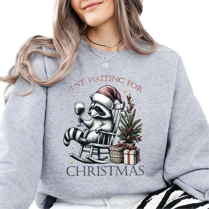 Just Waiting for Christmas Sweatshirts, Christmas Raccoon Hoodie, Christmas Feral Girl Crewneck, Funny Raccoon Xmas Shirt, Holiday  T-shirt, sweater and Hoodie