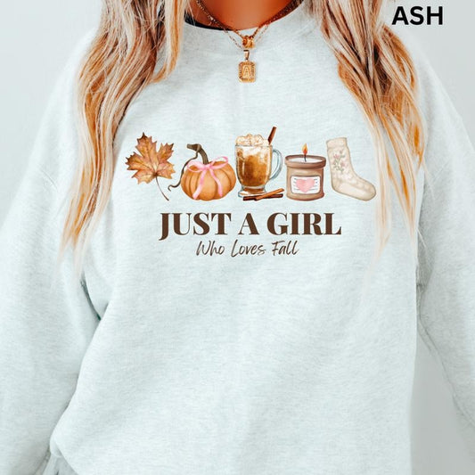 Just a Girl Who Loves Fall Sweatshirt, Print t-shirt, Vintage Halloween Sweatshirts, Halloween Tok, fall Crewnecks, fall sweaters, first day of school outfit, trending T-shirt, Casual, Womenswear