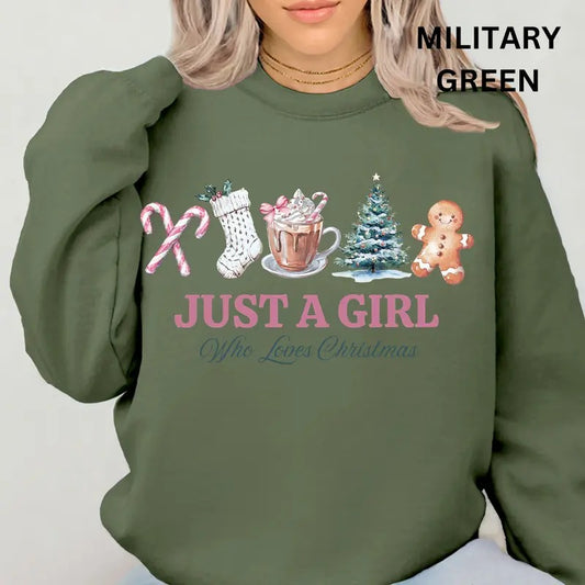 Just a Girl who Loves Christmas Winter Graphic Long Sleeve Casual Cotton Polyester Oversized sweatshirt - Comfort Crewneck Womenswear Comfortable Cute