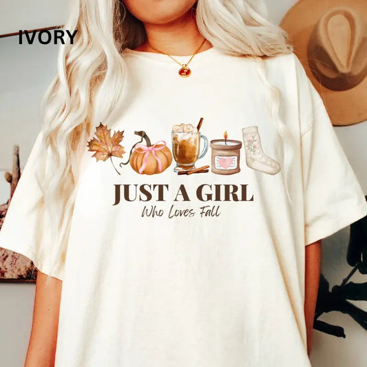 Just a Girl who Loves Fall Shirt, Comfort Colors Shirt,  Comfort Colors Fall Shirt, Halloween Graphic Shirt,Casual Shirt Unisex, Halloween Clothing, Graphic Halloween Apparel, Casual Cotton T-shirt, Unisex Halloween