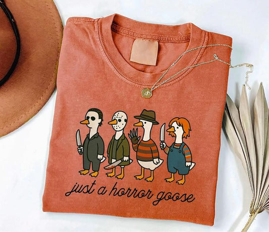 Just a Horror Goose Shirt, Halloween Silly Goose Sweatshirt, Halloween Goose T-Shirt, Halloween Horror Movies Hoodie