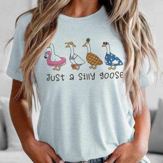 Just a Silly Goose Graphic Tee Duck Beach Casual Womens Top with Funny Goose Design for Vacation Wear - Womenswear