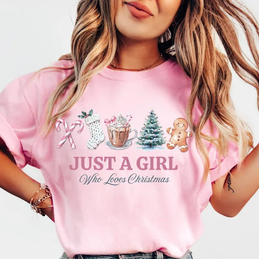 Just a girl who loves christmas shirt Women's Oversized Christmas Shirt - Festive Printed Design - Cotton, Comfortable Casual Top