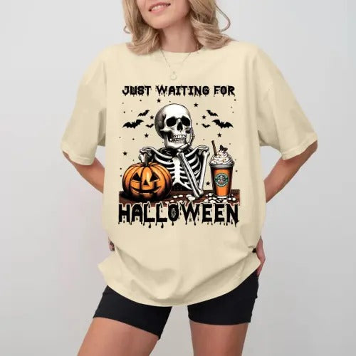 Just waiting Halloween T-shirt, Skeleton Vintage Halloween Retro skeleton T-shirt, Gift For Fan, Gift For Her, Gift For Him Fabric Fit