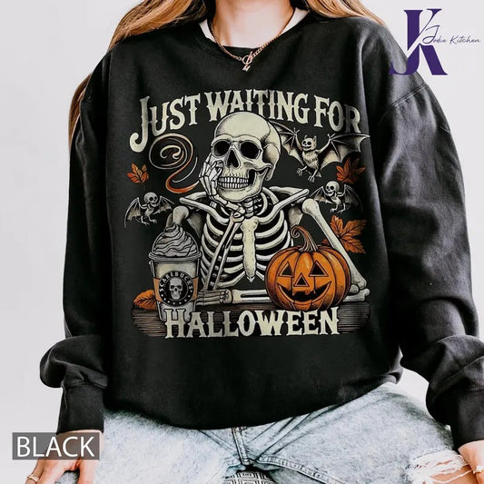 Just waiting for Halloween SHIRT, Halloween Skeleton Shirt, Halloween Pumpkin Shirt, Horror Movies T-Shirt, Retro Halloween Shirt, Spooky Season Shirt, Halloween Sweatshirt