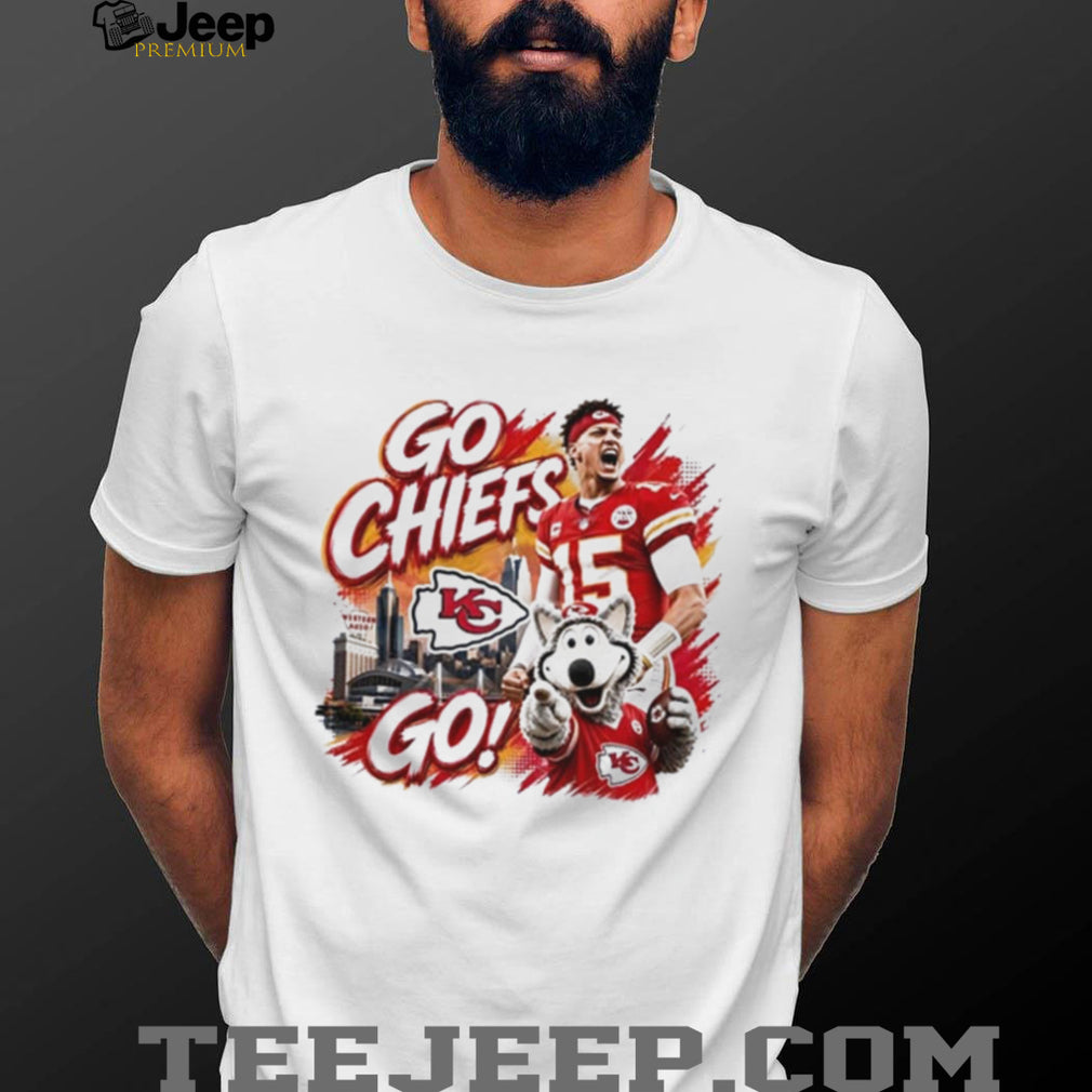 Kansas City Chiefs go Chiefs go Patrick Mahomes and mascot KC Wolf shirt