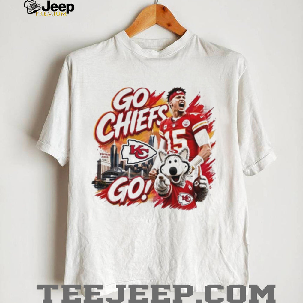 Kansas City Chiefs go Chiefs go Patrick Mahomes and mascot KC Wolf shirt