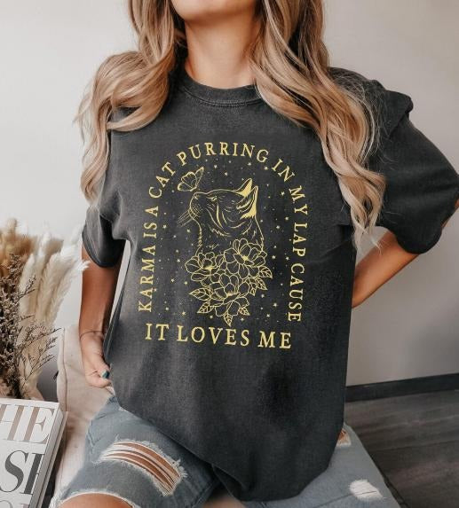 Karma Is A Cat Purring In My Lap T-Shirt, Midnights Album Shirt Cat Mom Shirt, Gift For Cat Mom, Karma Shirt, Music Shirt, Cat Lover Shirt