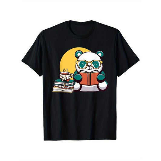 Kawaii Panda Reading Books & Drinking Tea T-Shirt, 100% Cotton, Casual Crew Neck, Short Sleeve, All-Season Comfort, Printed Design, No Padding, Slight Stretch, Regular Fit - Ideal for Adults Made in USA
