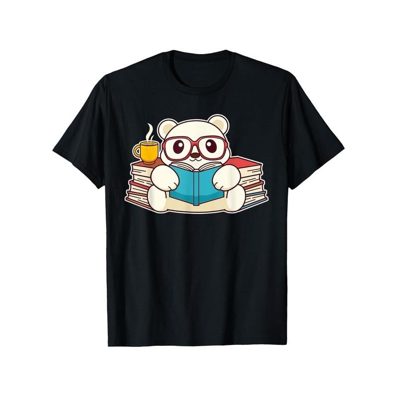 Kawaii Polar Bear Reading Books T-Shirt, 100% Cotton Casual Tee, Unisex Printed Short Sleeve Round Neck Top for All Seasons, Comfortable Breathable Fabric, Ideal Gift for Thanksgiving, Christmas, New Year - Black Made in USA
