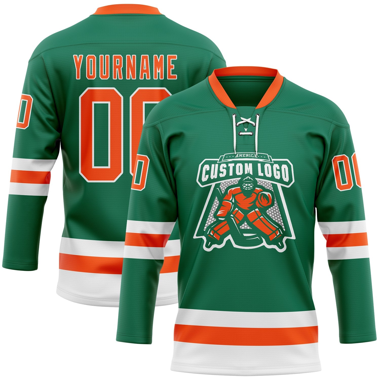 Custom Kelly Green Orange-White Hockey Lace Neck Jersey T-Shirts, Hoodie, Sweatshirt | WearSparks.com (Image 2)