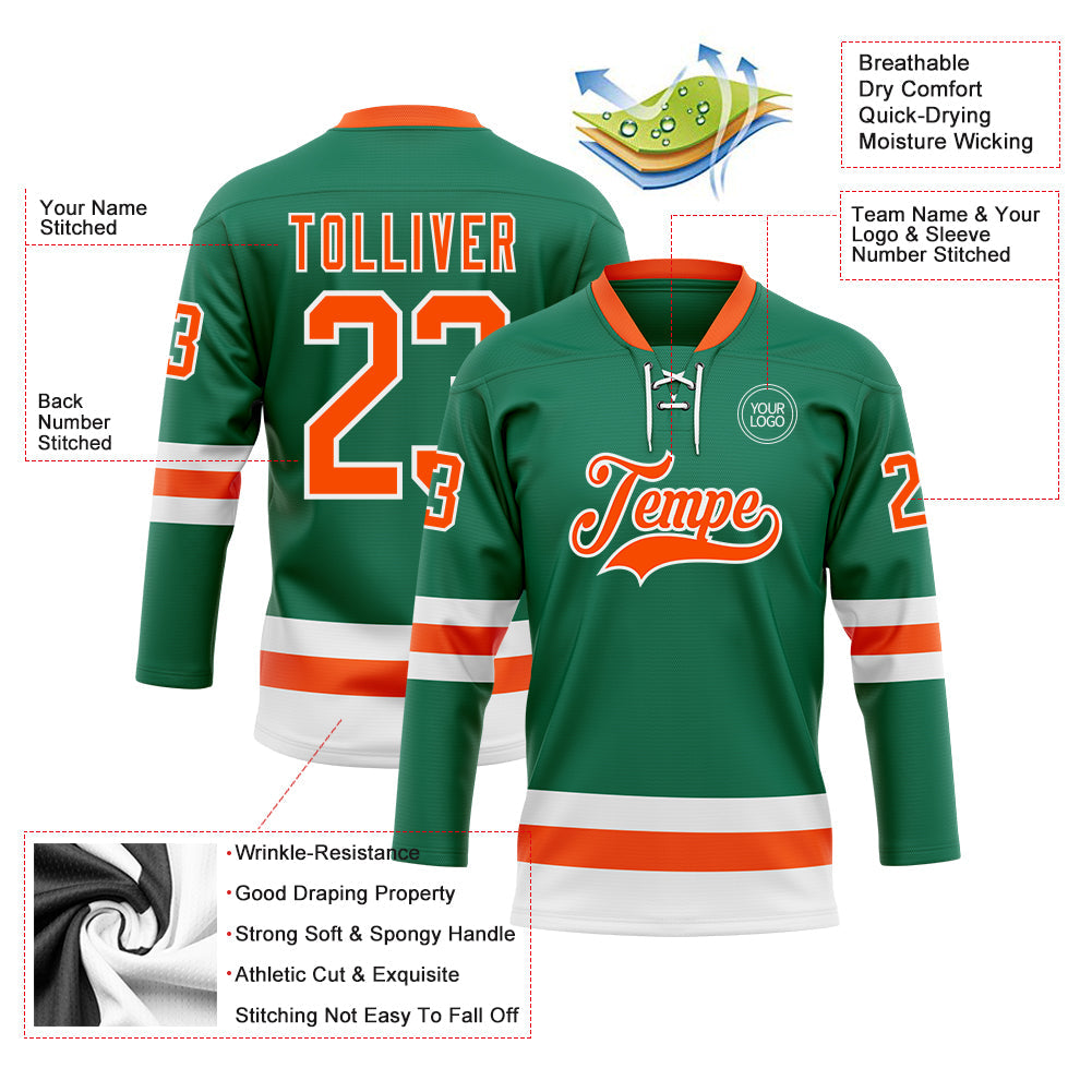 Custom Kelly Green Orange-White Hockey Lace Neck Jersey T-Shirts, Hoodie, Sweatshirt | WearSparks.com (Image 3)
