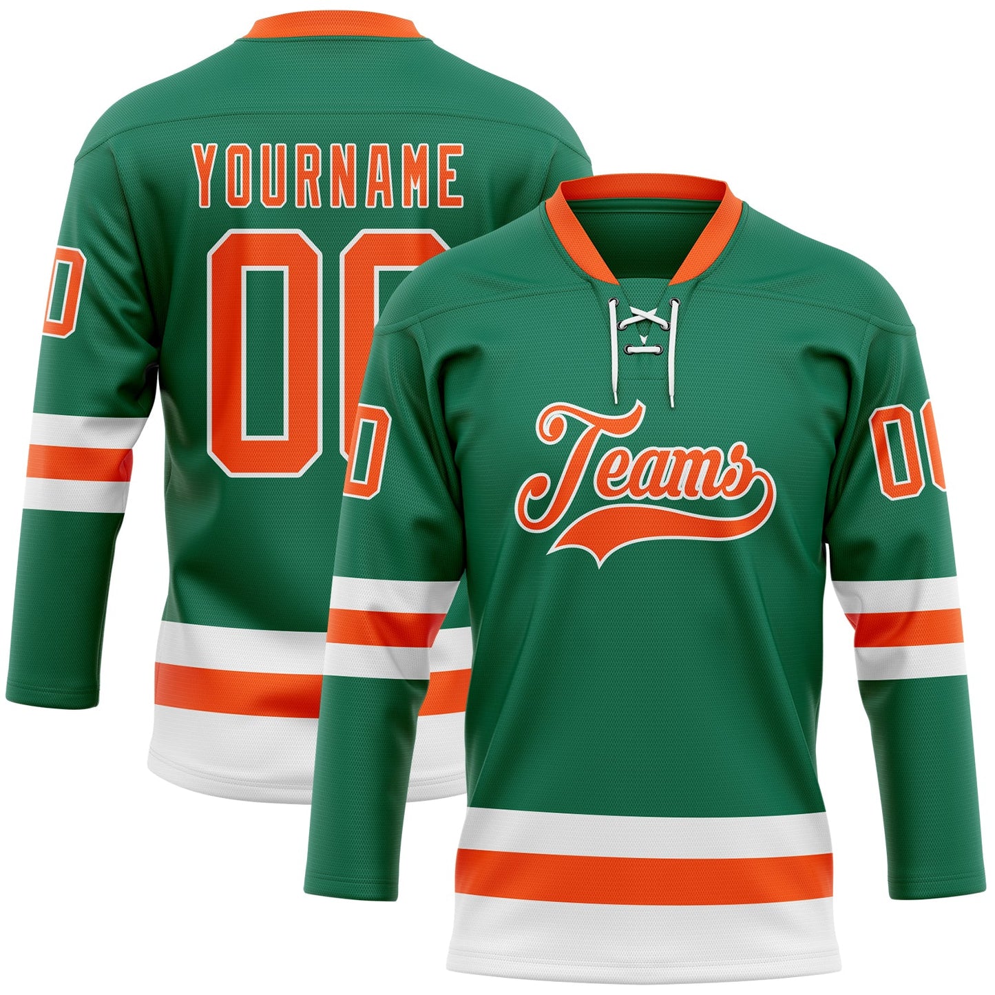 Custom Kelly Green Orange-White Hockey Lace Neck Jersey T-Shirts, Hoodie, Sweatshirt | WearSparks.com (Image 1)