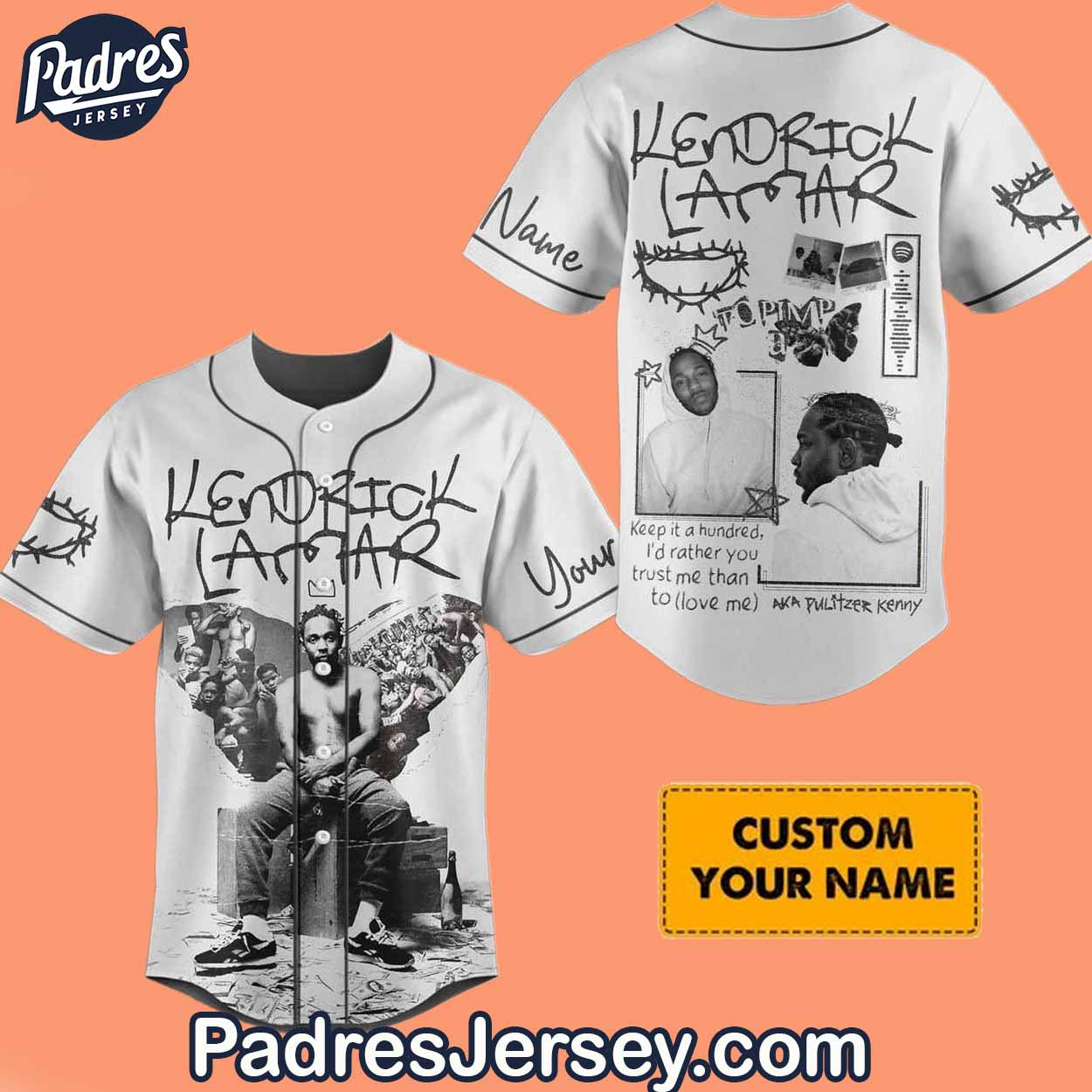 Kendrick Lamar Grey Baseball Jersey Outfit - Custom Name - Padres Jersey Oasis: Elevate Your Baseball Style... (Image 1)