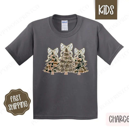 Kids Camo Christmas Shirt - Coquette Camo Bow Children's Tshirt - Youth Holiday Tee Gildan