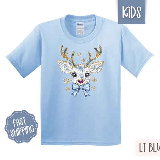Kids Christmas Shirt - Blue Floral Reindeer Children's Tshirt - Youth Holiday Tee Gildan