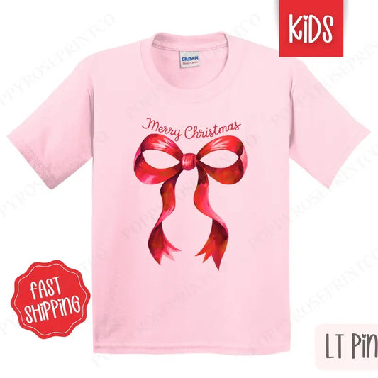 Kids Christmas Shirt - Coquette Bow Merry Christmas Tshirt - Youth Holiday Tee Gildan
