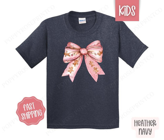 Kids Christmas Shirt - Gingerbread Bow Children's Tshirt - Youth Holiday Tee Gildan