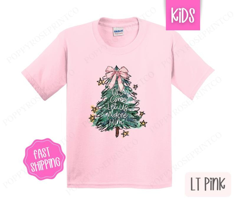 Kids Christmas Shirt - Oh Come Let Us Adore Him Children's Tshirt - Youth Holiday Tee Gildan