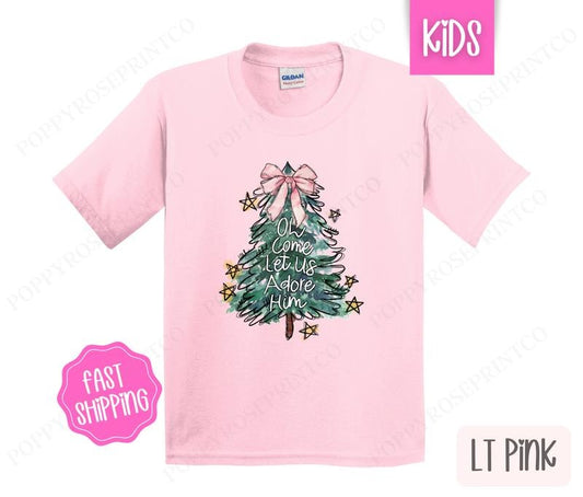 Kids Christmas Shirt - Oh Come Let Us Adore Him Children's Tshirt - Youth Holiday Tee Gildan