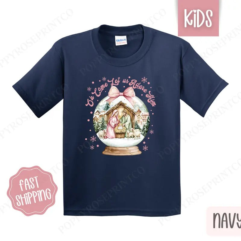 Kids Christmas Shirt - Oh Come Let Us Adore Him Children's Tshirt - Youth Holiday Tee Gildanstyle{n002}3