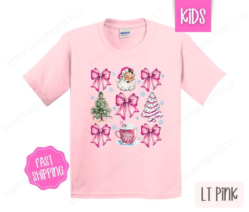 Kids Christmas Shirt - Pink Coquette Santa Children's Tshirt - Youth Holiday Tee Gildan